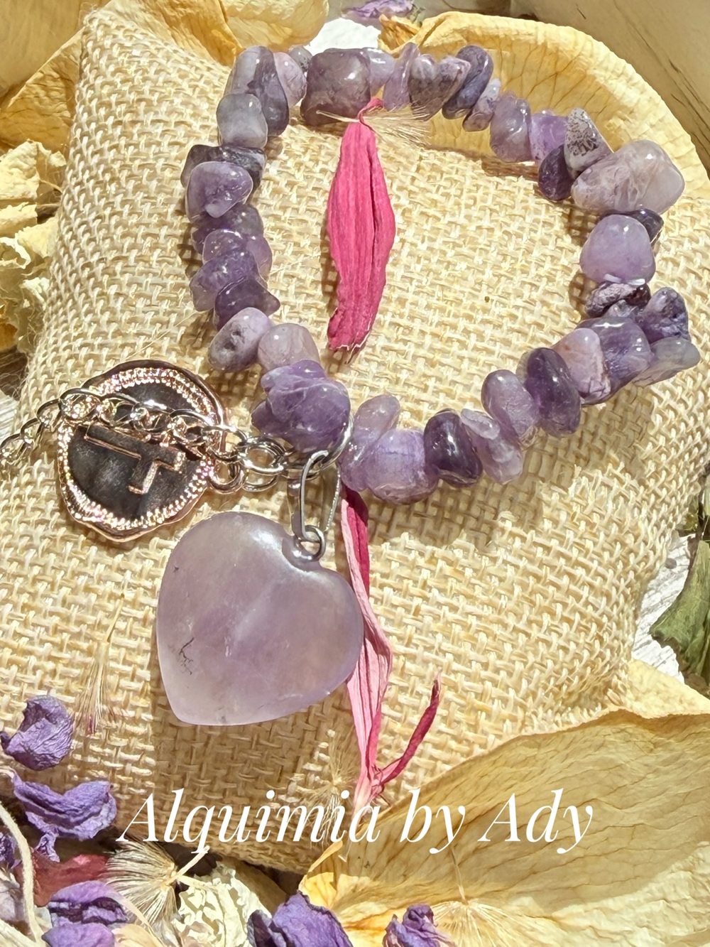 Alquimia Lavender Amethyst Chip Bracelet with Heart Charm